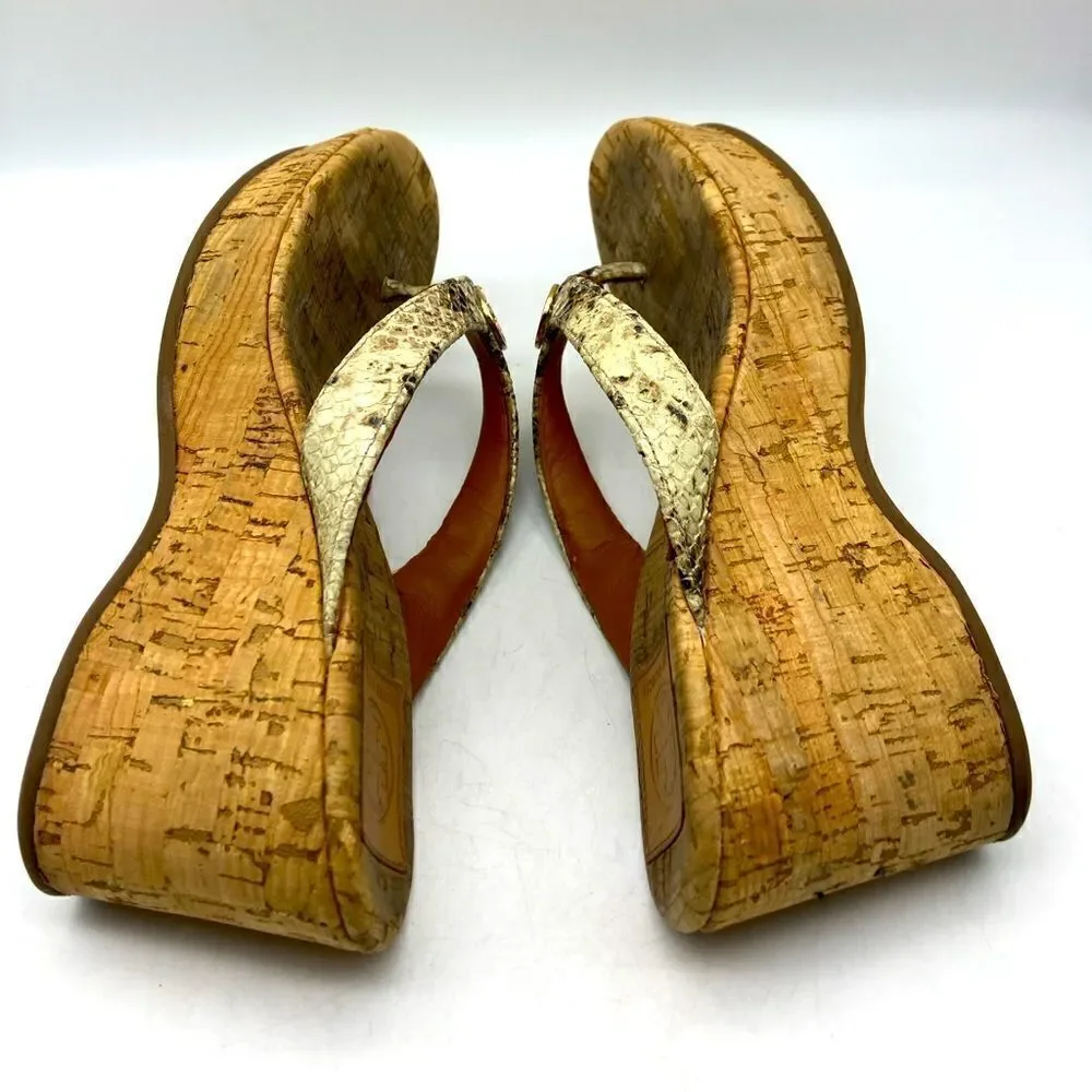 Tory Burch Thora Shake Print Leather/Cork Wedge Sandals Size 7,5